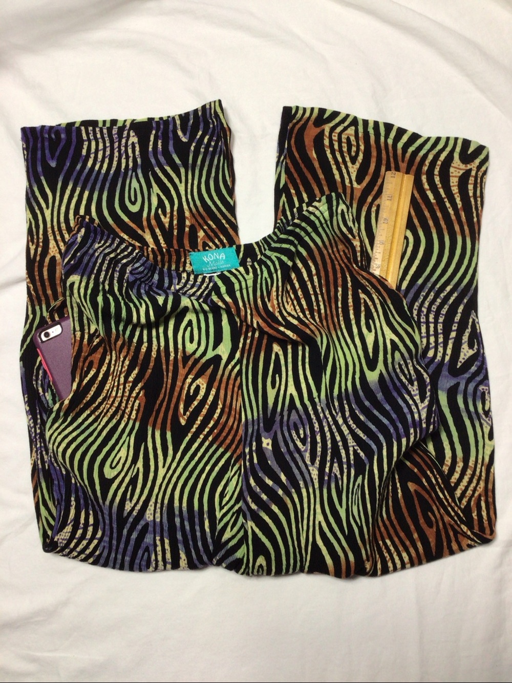 🌴 Vintage Kona Malia Multi Exotic-Print Wide Leg Pants with Pockets Sz.L